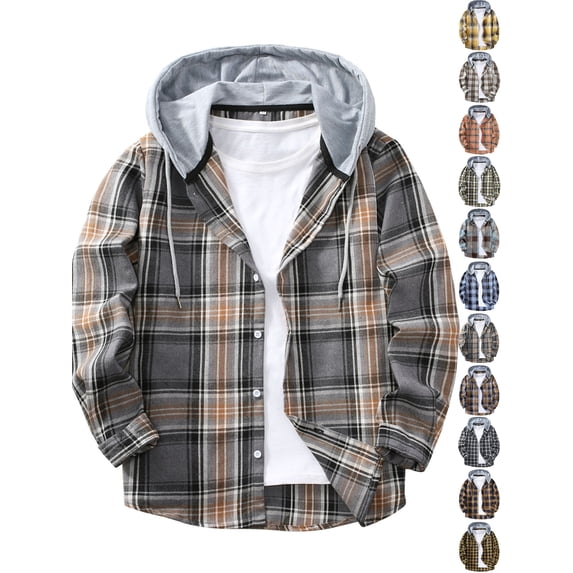 Jacket Men Dqueduo Men's Casual Patchwork Plaid Hooded Button Long Sleeve Shirt Jacket, Sizes S-XXL