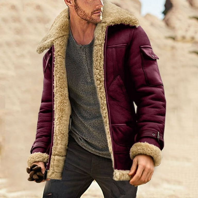 Jacket Men Plus Size Faux Fur Lapel Collar Long Sleeve Padded Leather Jacket Vintage Style Thicken Coat Sheepskin Cashmere Jackets Winter Coat Red Walmart
