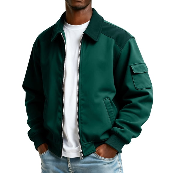 Jacket Men Zip Up Lightweight Colorblock Jackets Casual Stylish Fall Winter Loose Coats Windbreaker Clothing with Pockets Dark Green L