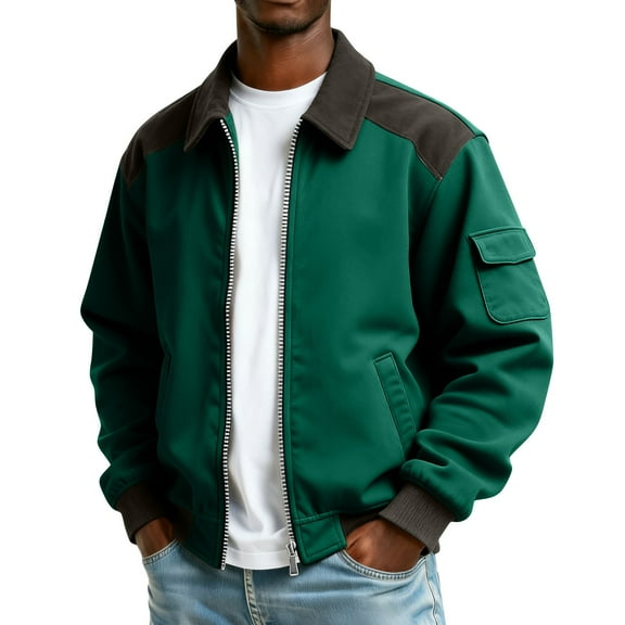 Jacket Men Zip Up Lightweight Colorblock Jackets Casual Stylish Fall Winter Loose Coats Windbreaker Clothing with Pockets Green XL