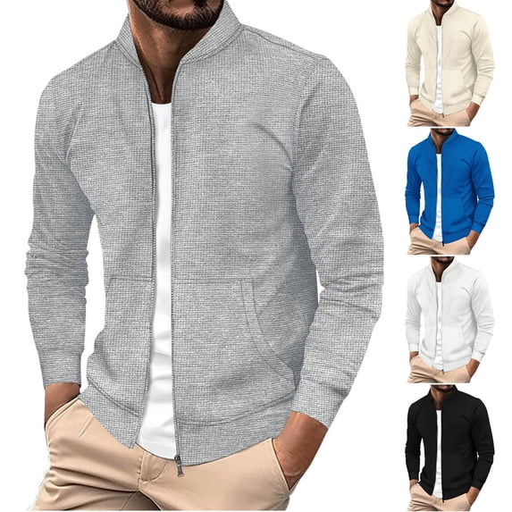 Jacket With Hood Waterproof Men's Solid Color Long Sleeved Stand Up Collar Zipper Cardigan Jacket Black L