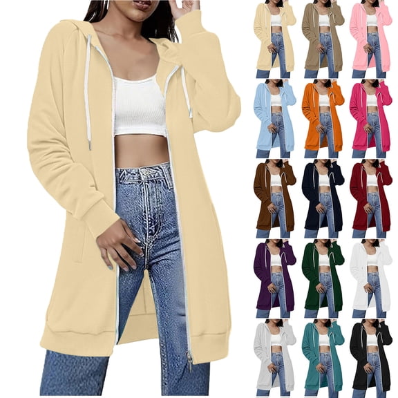 Jacket Woman Hoodie Women's Solid Color Double Pocket Hoodie Sweatshirts Shoulder To Long Sleeves And Hooded Mid Length Casual Outwear Beige S