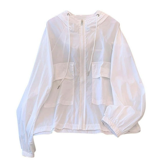 Jacket for Women 2025 Sun Protection Plus Size Long Sleeve Hooded Full Zip Shirts Jacket with Pockets Summer Casual Clothing for Outdoor Hiking White L