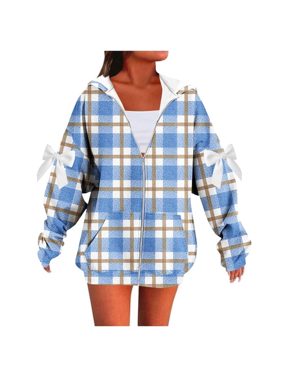 Jacket for Women Color Block Fashion Clothing Hoodie Long Sleeve Bow Drop Shoulder Loose Fit Hooded Plaid Checkered Pockets Casual Fall Winter Women Jacket