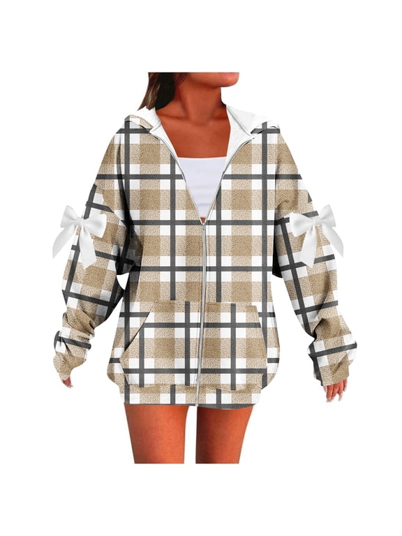 Jacket for Women Color Block Fashion Clothing Hoodie Long Sleeve Bow Drop Shoulder Loose Fit Hooded Plaid Checkered Pockets Casual Fall Winter Women Jacket