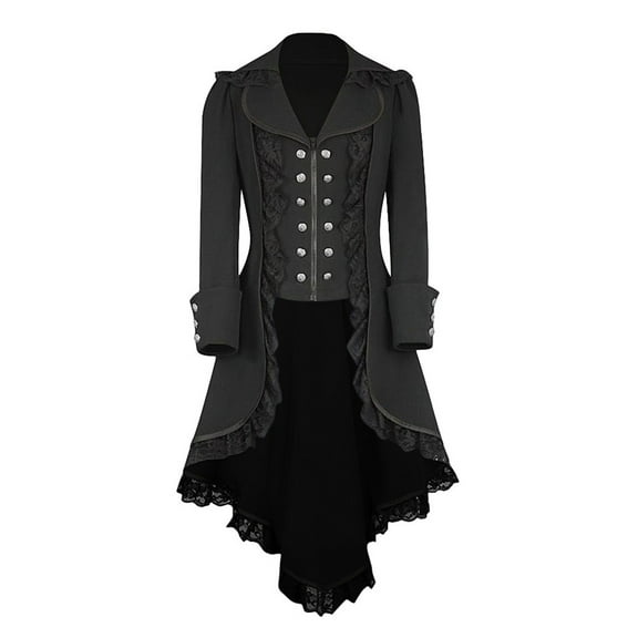 Jacket for Women Halloween Steampunk Gothic Tailcoat Costumes Lace Corset Irregular Retro Vintage Trim Button Up Tuxedo Renaissance Costume Coat Black L