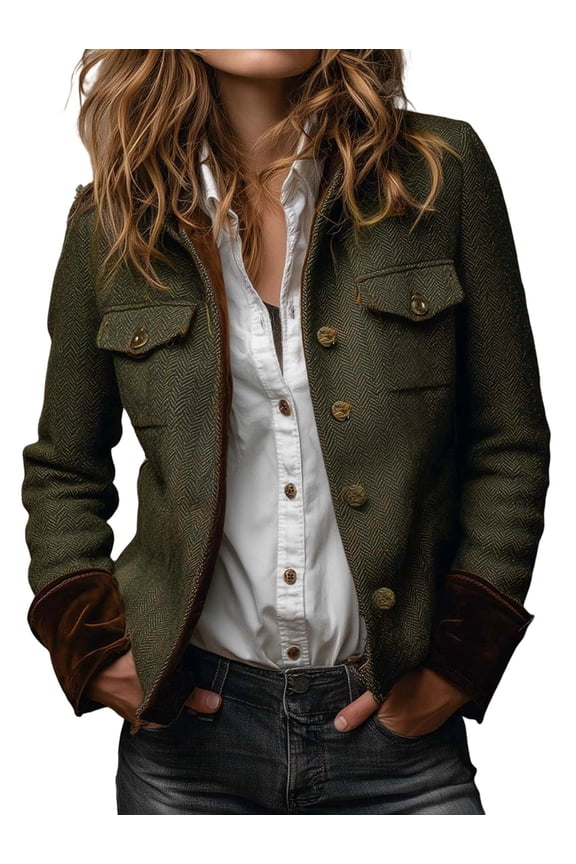 Jacket Women Long Sleeve Vintage Jacket Velvet Cuffs Button Up Blazer Utility Pockets Work Coat Green L