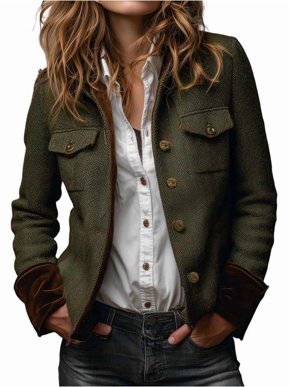 Jacket Women Long Sleeve Vintage Jacket Velvet Cuffs Button Up Blazer Utility Pockets Work Coat Green M