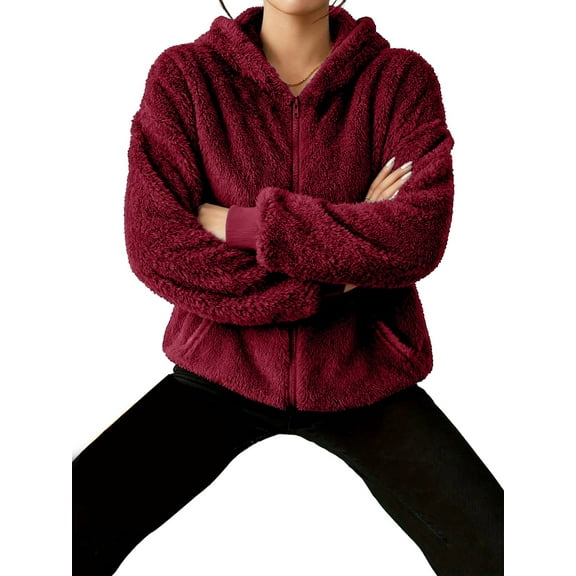 Jacket Women Oversized Zip Up Fall Jackets Winter Coats Faux Fur Warm Outwear 2025 Fashion Clothing Wine Red S