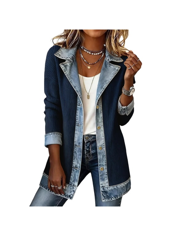 Jacket Women Patchwork Lapel Corduroy Denim Blazer Button Down Long Sleeve Sweater Business Casual Knit Sweater Coat, S