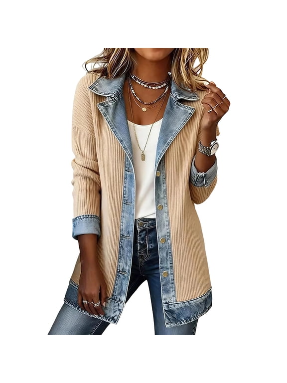 Jacket Women Patchwork Lapel Corduroy Denim Blazer Button Down Long Sleeve Sweater Business Casual Knit Sweater Coat, S