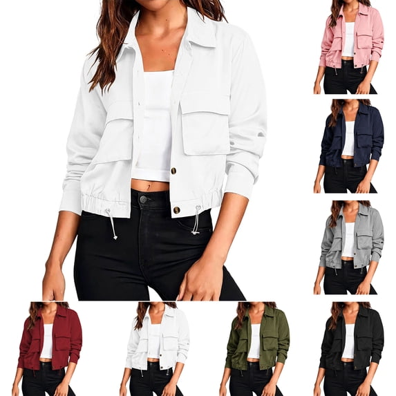 Jacket for Women Jerdar Women's Cropped Bomber Jackets Trendy Fall Long Sleeve Button Down Lightweight Oversized Utility Anorak Coat with Multi Pockets L