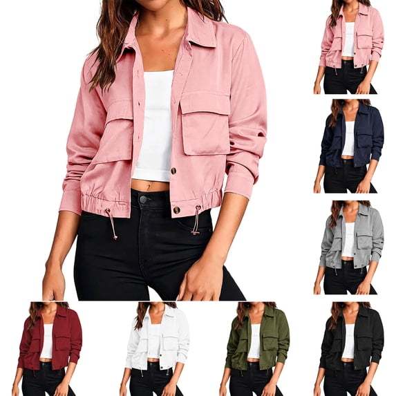 Jacket for Women Jerdar Women's Cropped Bomber Jackets Trendy Fall Long Sleeve Button Down Lightweight Oversized Utility Anorak Coat with Multi Pockets XL