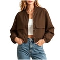 thumbnail image 1 of Jacket Women Short Cropped Jacket Button Down Long Sleeve Casual Varsity Jackets with Pockets Brown M(M), 1 of 9
