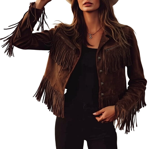 Jacket Women Vintage Western Cowgirl Style Fringe Button Up Long Sleeve Lapel Faux Suede Jacket Women Brown XL