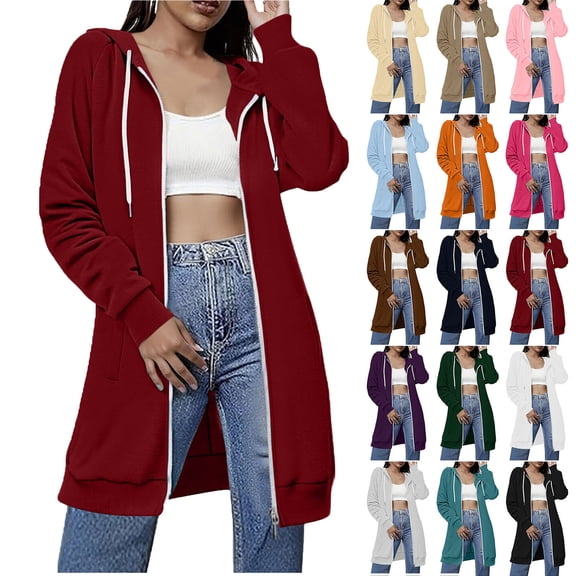 Jacket Women Womens Winter Coats Women Hoodies Women's Solid Color Double Pocket Hoodie Sweatshirts Shoulder To Long Sleeves And Hooded Mid Length Casual Outwear Wine S