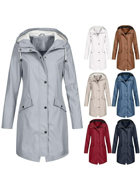 Jacket for Women Zpanxa Women's Solid Color Rain Jacket, Outdoor Hooded Waterproof Windproof Long Coat, Winter Hooded Warm Overcoat Outerwear Jacket with Multi Pocket