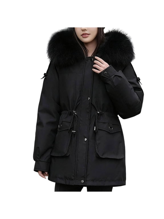 Down Jacket Women's Fall and Winter Warm Long Sleeved Women's Clothing Plus Velvet and Thickened Parka Women's Solid Color Casual Coat with Hood Tops Elasticity Baggy Quilted Jacket