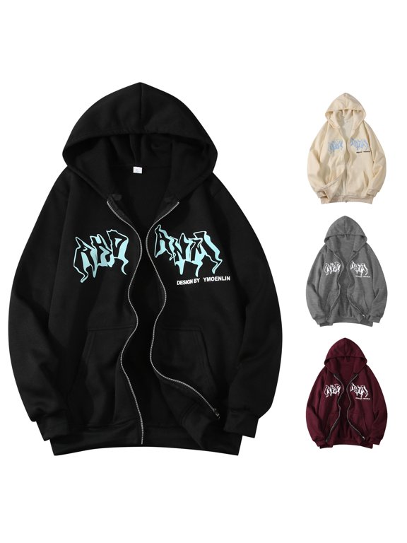 Jacket Zip Up Hoodies Hop Sweatshirt Goth Print Hooded Jacket Street Fashion Unisex Drawstring Sweat Jacket With Hood 90s E Girl Top