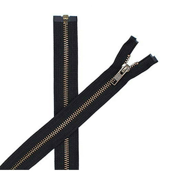Jacket Zippers - YKK #5 Antique Brass - Metal Teeth Separating - Black - Made in The USA. (Pack of 2) (33" Inches)