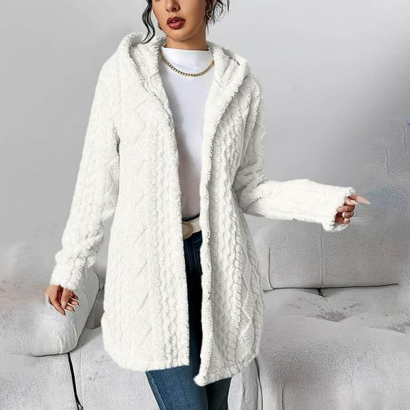 Jacket for Women Casual New Fleece Cardigans for Women Soft Fuzzy Jacket Casual Open Front Sweater Winter Warm Coats with Hood White XXL
