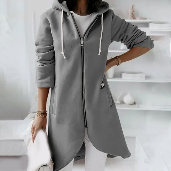 Jacket for Women Casual CALAFEBILA Winter Long Sleeve Solid Color Hoodies With Pocket Zipper Drawstring Outwear Casual Irregular Hem Trench Jacket,Gray