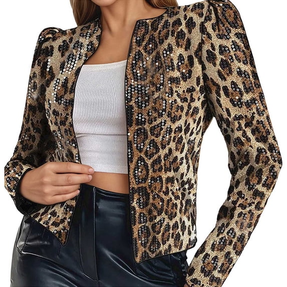 Jacket for Women Fall Leopard Sequin Long Sleeve Open Front Cropped Slim Blazer Lightweight Coats Beige