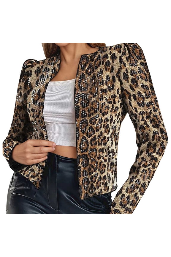 Jacket for Women Fall Leopard Sequin Long Sleeve Open Front Cropped Slim Blazer Lightweight Coats Beige