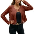 thumbnail image 1 of Jacket for Women Fall Solid Suede Fringe Button Open Front Cardigan Slim Fit Cropped Trendy Outwears 2025 Red, 1 of 5