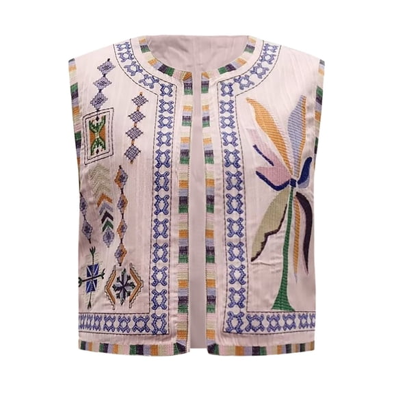 Jacket for Women Fall Vintage Floral Embroidered Print Vest Sleeveless Casual Cardigan Top Outwear Coat