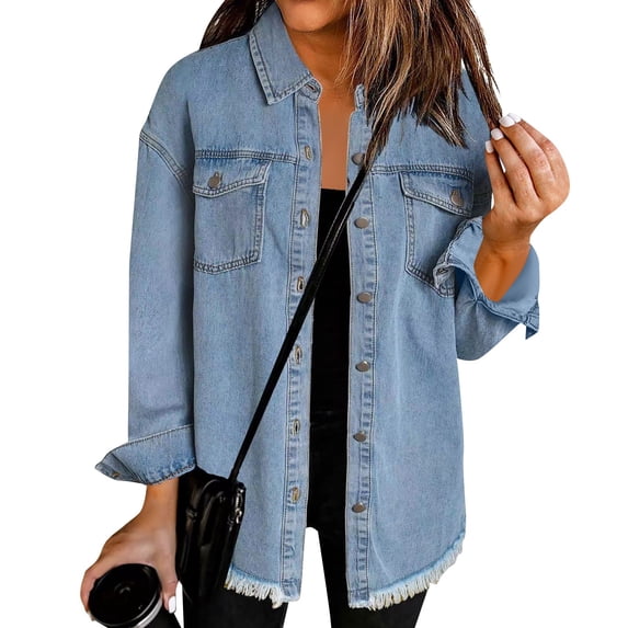 Jacket for Women Oversized Boyfriend Jean Shirts Button Up Frayed Hem Shacket Distressed Ripped Denim Jackets 2025 Blue S
