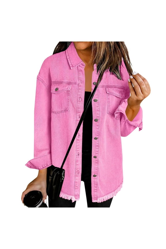 Jacket for Women Oversized Boyfriend Jean Shirts Button Up Frayed Hem Shacket Distressed Ripped Denim Jackets 2025 Hot Pink L