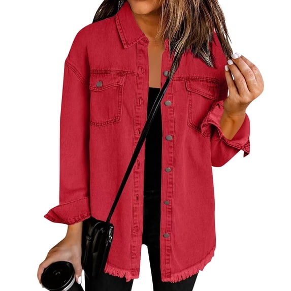 Jacket for Women Oversized Boyfriend Jean Shirts Button Up Frayed Hem Shacket Distressed Ripped Denim Jackets 2025 Red L
