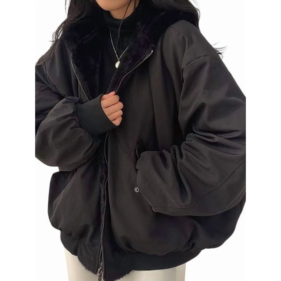 Jacket for Women Reversible Y2k Zip Up Hoodie Fleece Fur Winter Coat Cutecore Korean Clothes Black M