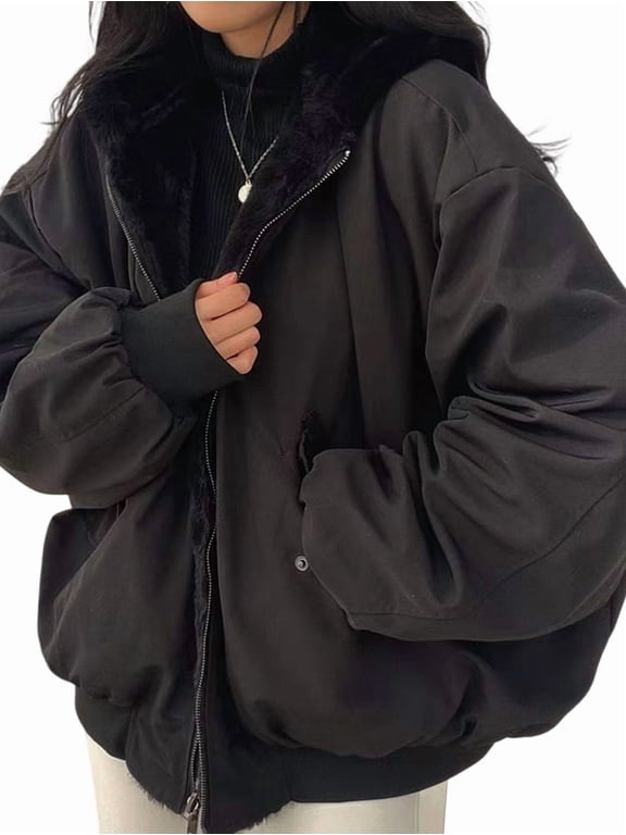 Jacket for Women Reversible Y2k Zip Up Hoodie Fleece Fur Winter Coat Cutecore Korean Clothes Black S