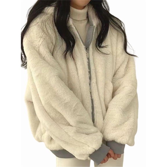 Jacket for Women Reversible Y2k Zip Up Hoodie Fleece Fur Winter Coat Cutecore Korean Clothes Blue M