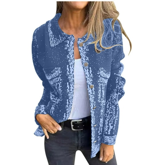 Jacket for Women Trendy Fall Long Sleeve Casual Loose Coats Lapel Solid Color Button Down Outerwear with Pockets (Blue 2XL)