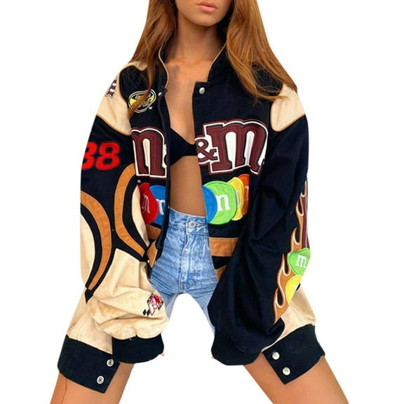 Jacket for Women Trendy Funny Letter Print Racing Fashion Patchwork Long Sleeve Racing Bomber Lightweight Outwears