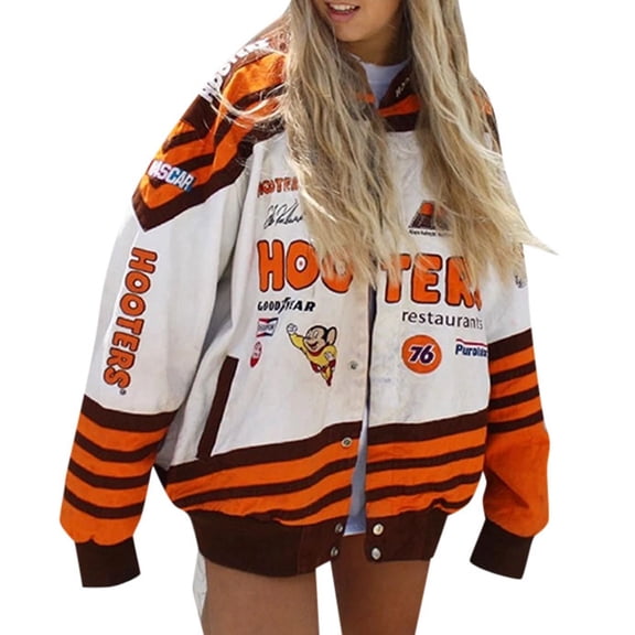 Jacket for Women Trendy Motorcycle Biker Y2K Letter Print Patchwork Long Sleeve Button Down Racing Varsity Outwears Coats