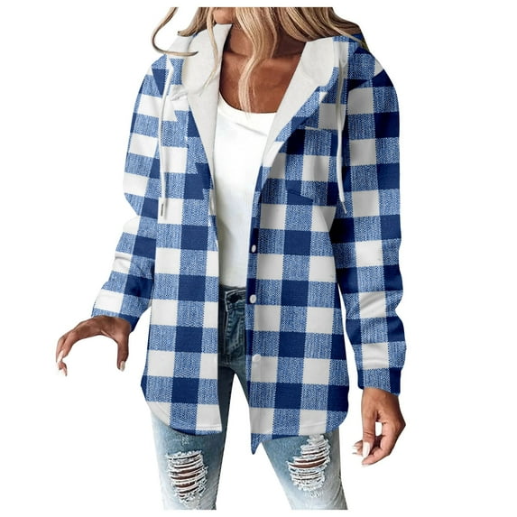 Jacket for Women Trendy Oversize Plaid Print Lined Hoodie Vintage Button Down Drawstring Hooded Outwears Coats