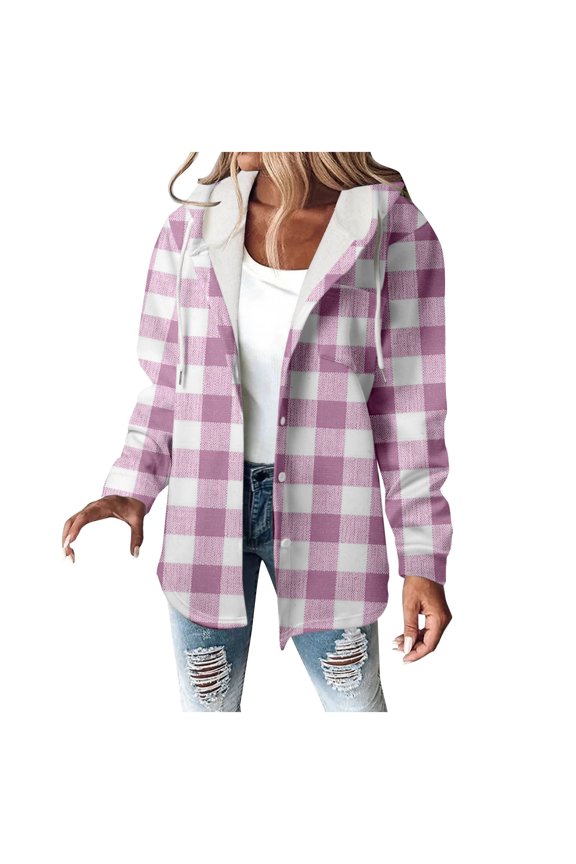 Jacket for Women Trendy Oversize Plaid Print Lined Hoodie Vintage Button Down Drawstring Hooded Outwears Jackets