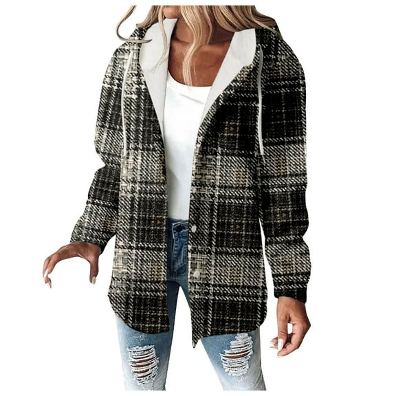 Jacket for Women Trendy Plaid Print Button Down Hooded Lined Drawstring Oversize Casual Lightweight Jackets