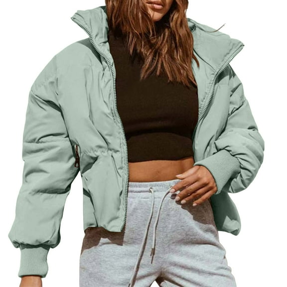 Jacket for Women Trendy Short Puffer Solid Stand Collar Zipper Cropped Quilted Padded Warm Down Outwear Coat