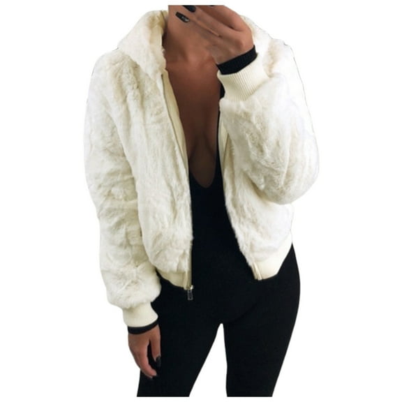 Jacket for Women Trendy Solid Faux Fur Zipper Hoodie Sweatshirts Warm Long Sleeve Fuzzy Sherpa Fleece With Pocket Lightweight Coat