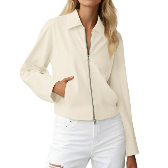 Jacket for Women Trendy Solid Long Sleeve Lapel Cropped Zipper With Pocket Streetwear Outerwear