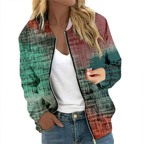 Jacket for Women Trendy Vintage Floral Windbreaker Long Sleeve Zipper Baseball Casual Bomber Trendy Outwear