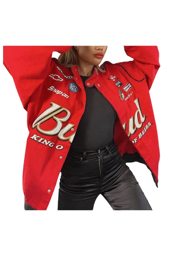 Jacket for Women Trendy Y2K Letter Print Racing Fashion Button Down Bomber Vintage Streetwear Winter Clothes