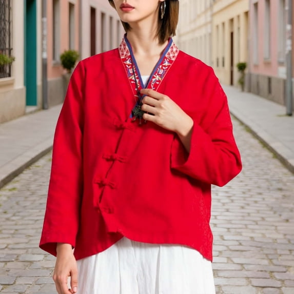 Jacket for Women V Neck Long Sleeve Vintage Ethnic Style Frog Button Closure Embroidered Trim Loose Fit Casual Outerwear
