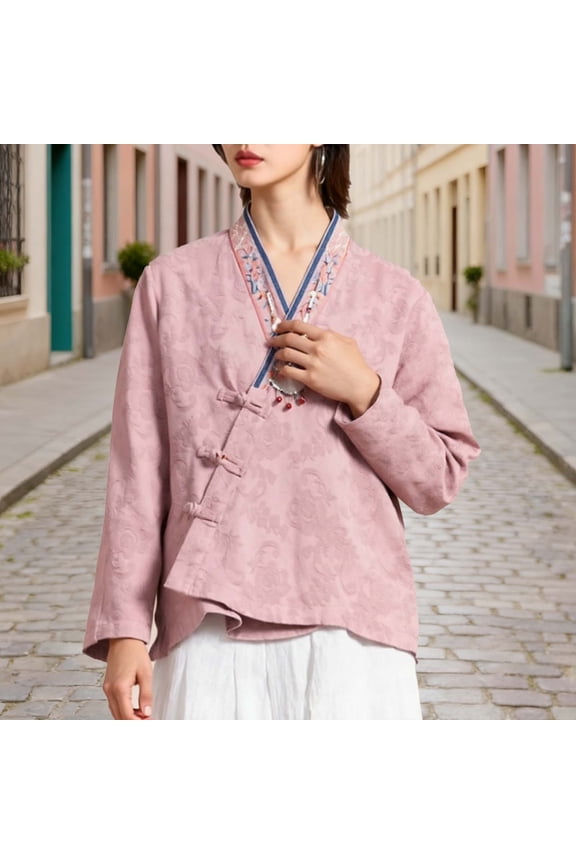 Jacket for Women V Neck Long Sleeve Vintage Ethnic Style Frog Button Closure Embroidered Trim Loose Fit Casual Outerwear