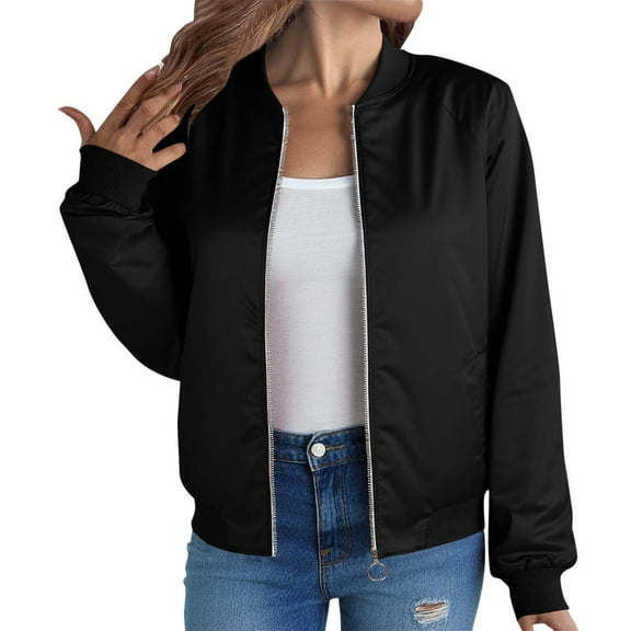 Jacket for Womens Bomber Jacket Fall Lightweight Zip up Long Sleeve Outerwear Pockets Coats